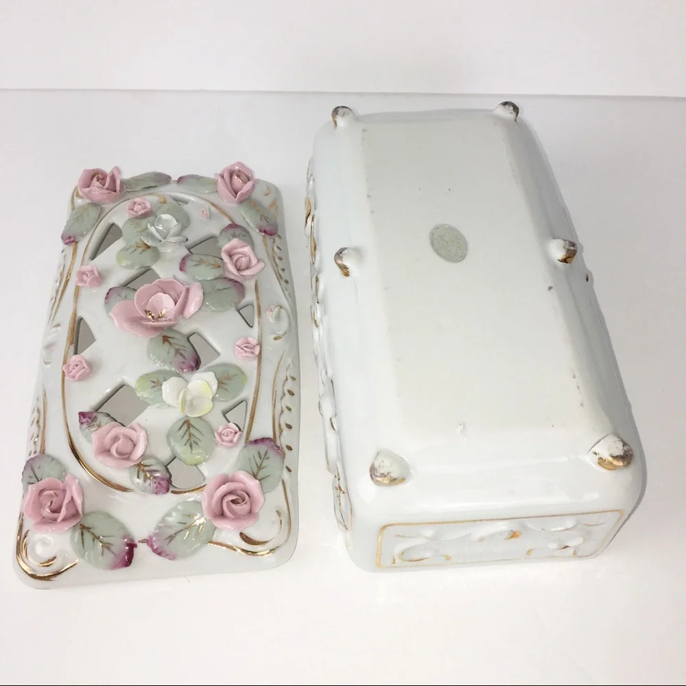 White Porcelain Jewelry Box with Pink Floral Design Delicate Rectangular Beauty